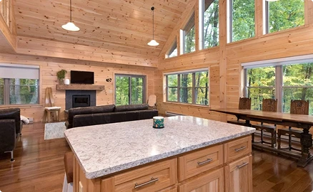 Open-concept log cabin kitchen design